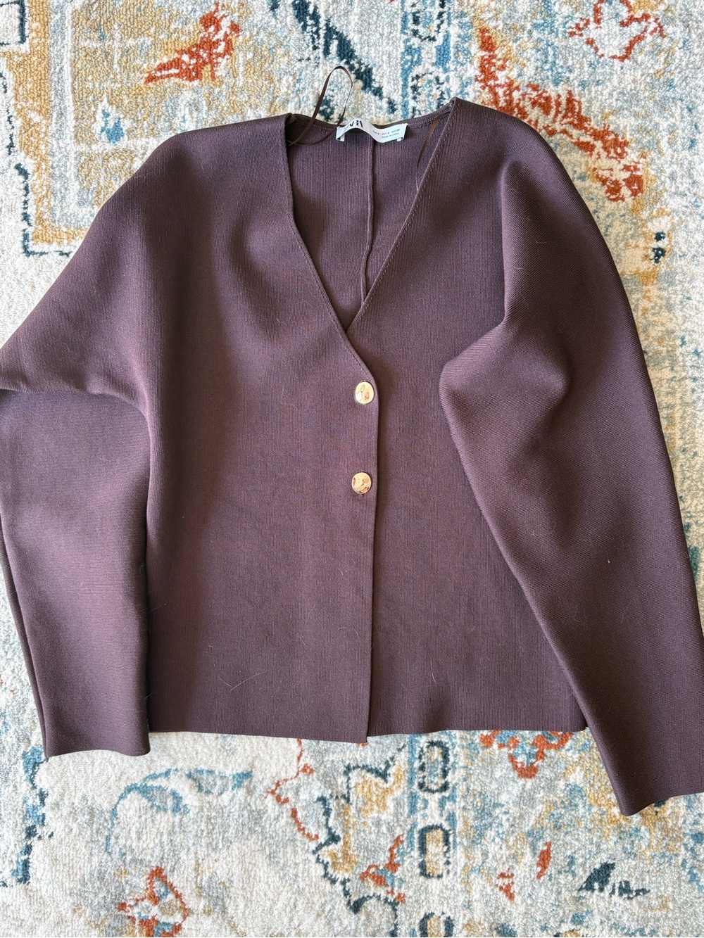 Zara Ribbed V-Neck Cardigan in Plum Brown